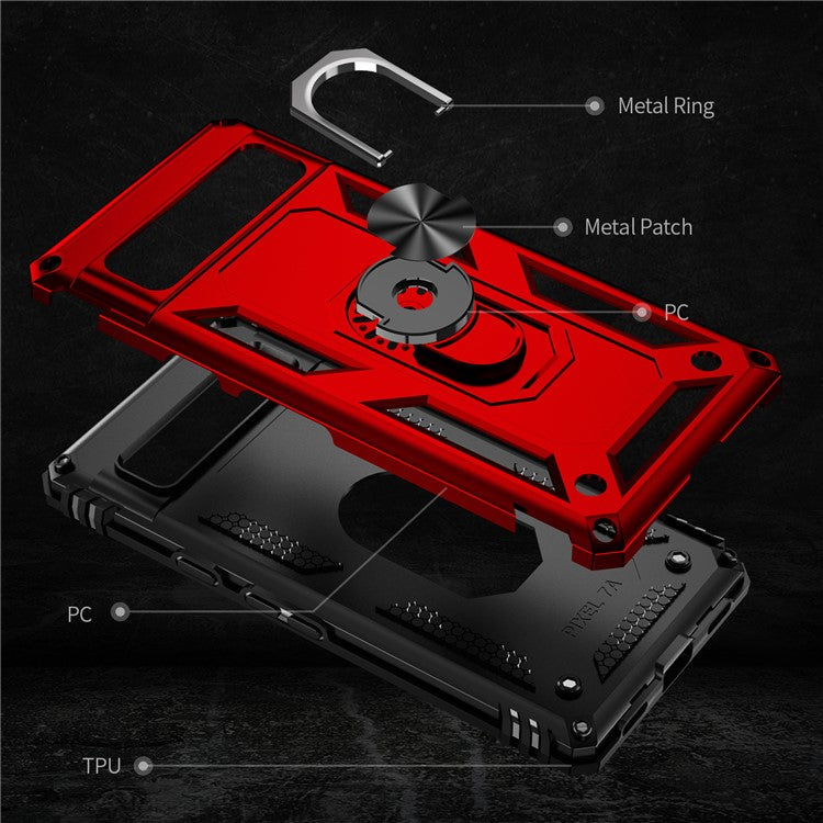 Back Protector Phone Case for Google Pixel 7a, Military Grade Anti-drop PC + TPU Protective Cover with Ring Kickstand - Red