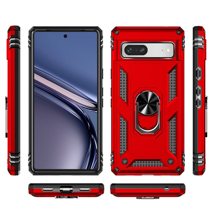 Back Protector Phone Case for Google Pixel 7a, Military Grade Anti-drop PC + TPU Protective Cover with Ring Kickstand - Red