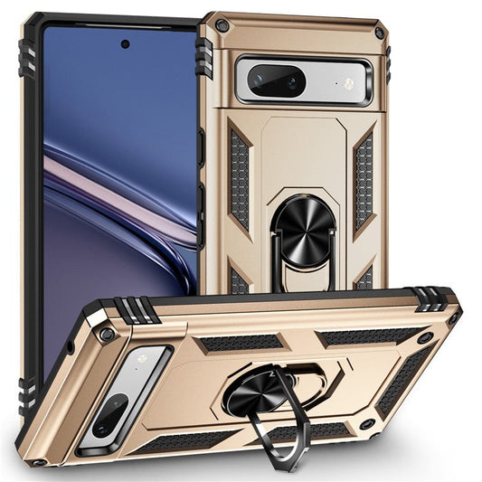 Back Protector Phone Case for Google Pixel 7a, Military Grade Anti-drop PC + TPU Protective Cover with Ring Kickstand - Gold