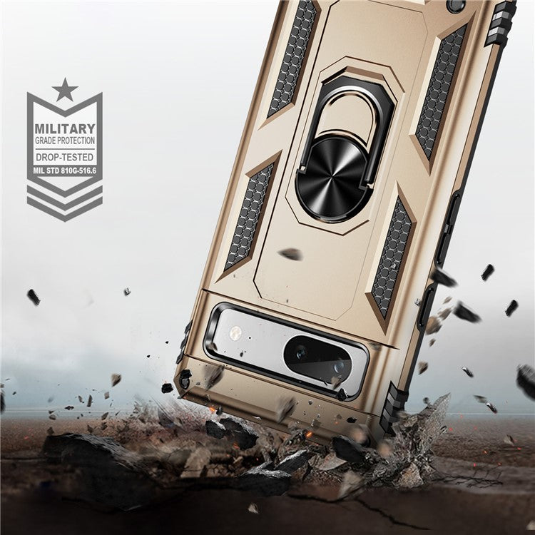 Back Protector Phone Case for Google Pixel 7a, Military Grade Anti-drop PC + TPU Protective Cover with Ring Kickstand - Gold