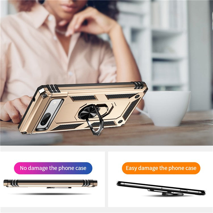 Back Protector Phone Case for Google Pixel 7a, Military Grade Anti-drop PC + TPU Protective Cover with Ring Kickstand - Gold
