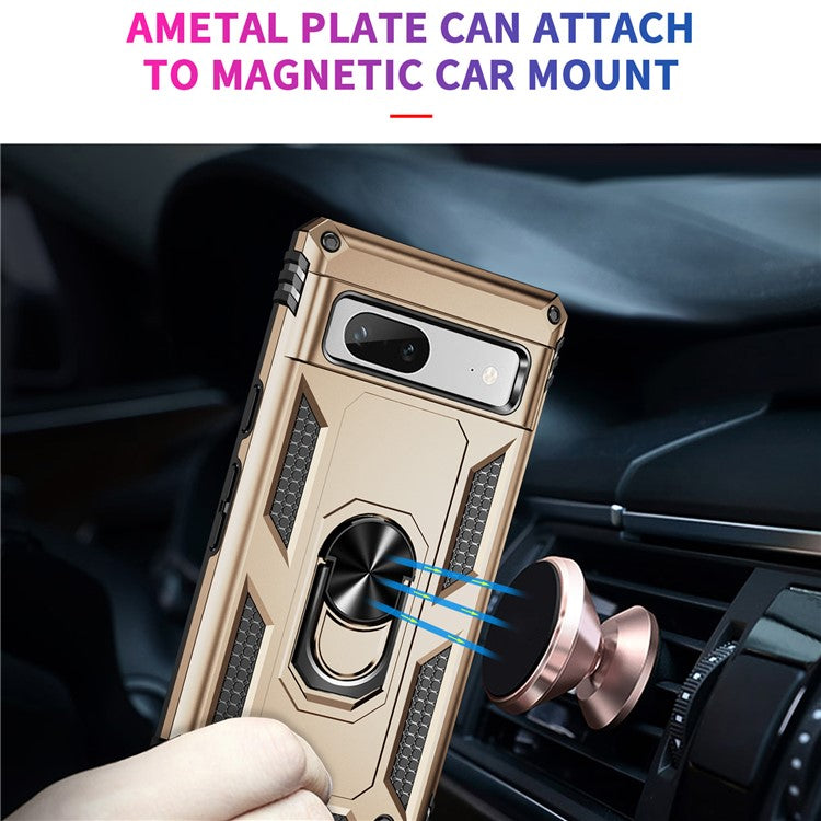Back Protector Phone Case for Google Pixel 7a, Military Grade Anti-drop PC + TPU Protective Cover with Ring Kickstand - Gold