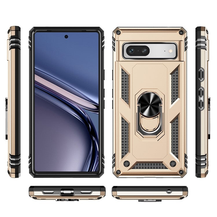 Back Protector Phone Case for Google Pixel 7a, Military Grade Anti-drop PC + TPU Protective Cover with Ring Kickstand - Gold