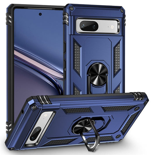 Back Protector Phone Case for Google Pixel 7a, Military Grade Anti-drop PC + TPU Protective Cover with Ring Kickstand - Blue