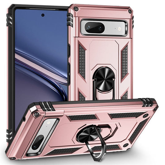 Back Protector Phone Case for Google Pixel 7a, Military Grade Anti-drop PC + TPU Protective Cover with Ring Kickstand - Rose Gold