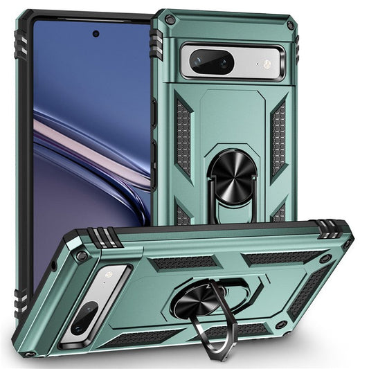 Back Protector Phone Case for Google Pixel 7a, Military Grade Anti-drop PC + TPU Protective Cover with Ring Kickstand - Blackish Green