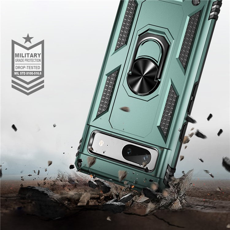 Back Protector Phone Case for Google Pixel 7a, Military Grade Anti-drop PC + TPU Protective Cover with Ring Kickstand - Blackish Green