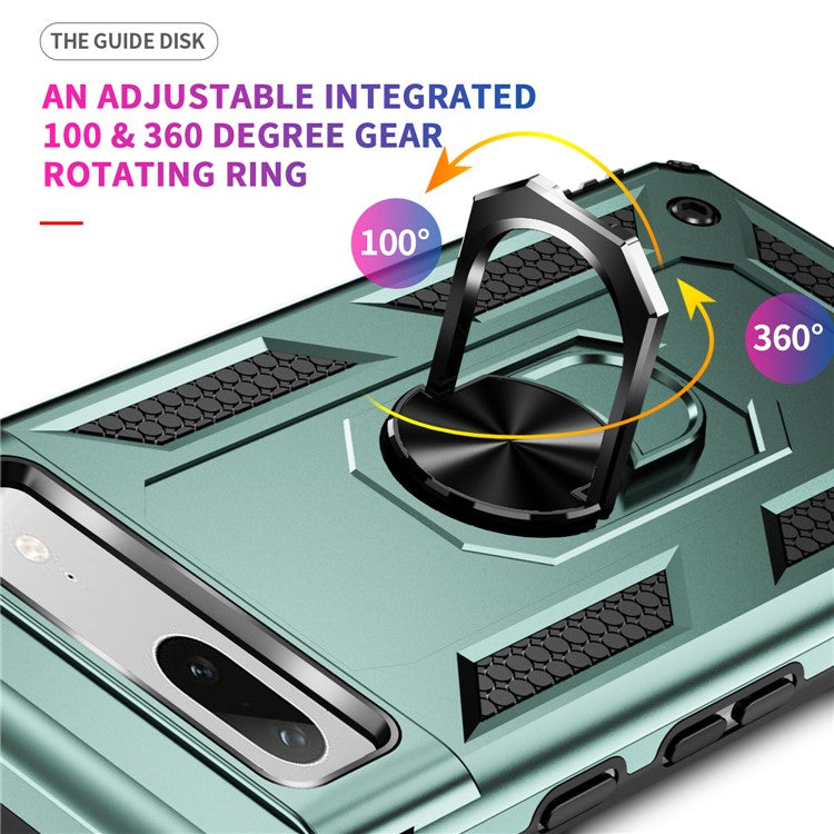 Back Protector Phone Case for Google Pixel 7a, Military Grade Anti-drop PC + TPU Protective Cover with Ring Kickstand - Blackish Green