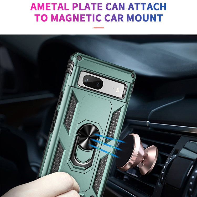 Back Protector Phone Case for Google Pixel 7a, Military Grade Anti-drop PC + TPU Protective Cover with Ring Kickstand - Blackish Green