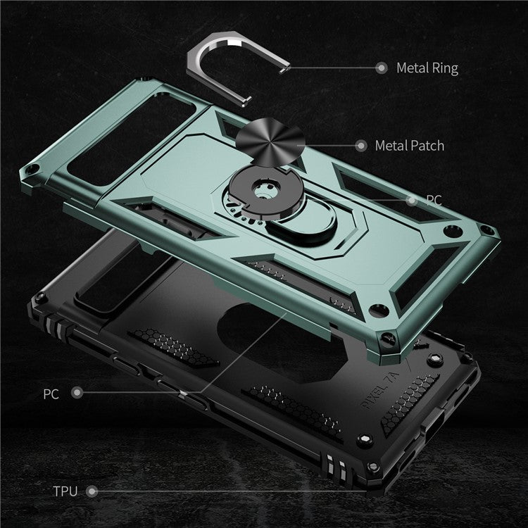 Back Protector Phone Case for Google Pixel 7a, Military Grade Anti-drop PC + TPU Protective Cover with Ring Kickstand - Blackish Green