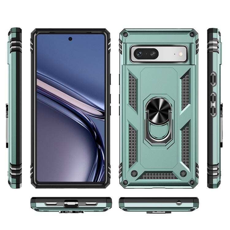 Back Protector Phone Case for Google Pixel 7a, Military Grade Anti-drop PC + TPU Protective Cover with Ring Kickstand - Blackish Green