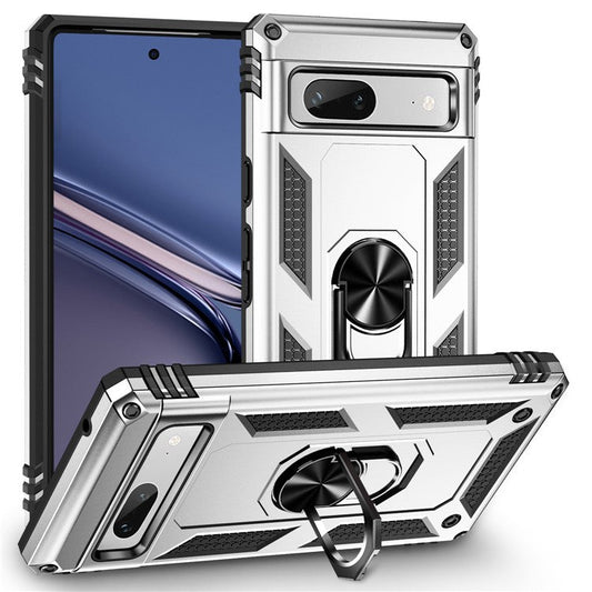 Back Protector Phone Case for Google Pixel 7a, Military Grade Anti-drop PC + TPU Protective Cover with Ring Kickstand - Silver