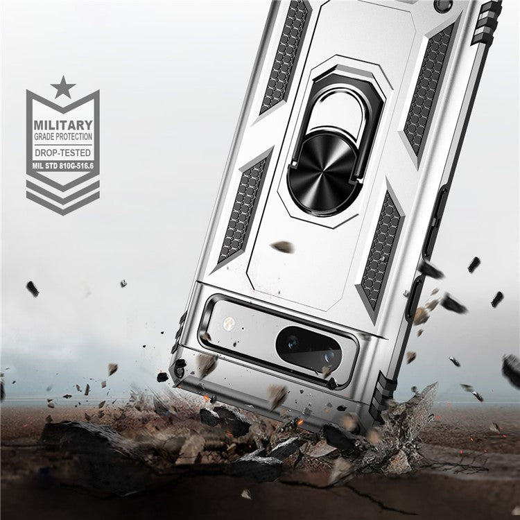 Back Protector Phone Case for Google Pixel 7a, Military Grade Anti-drop PC + TPU Protective Cover with Ring Kickstand - Silver