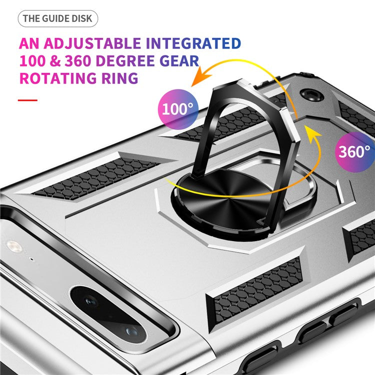 Back Protector Phone Case for Google Pixel 7a, Military Grade Anti-drop PC + TPU Protective Cover with Ring Kickstand - Silver