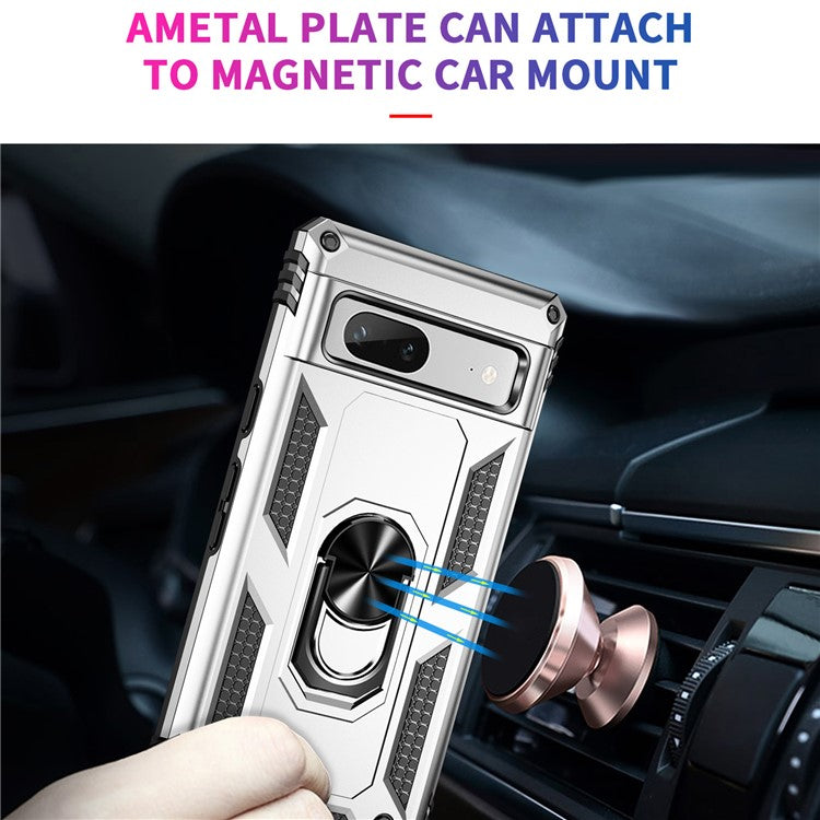 Back Protector Phone Case for Google Pixel 7a, Military Grade Anti-drop PC + TPU Protective Cover with Ring Kickstand - Silver