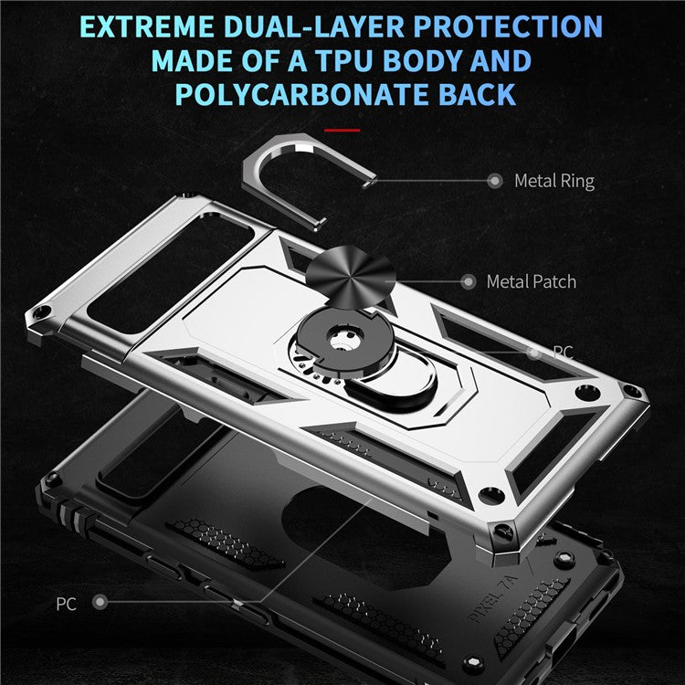 Back Protector Phone Case for Google Pixel 7a, Military Grade Anti-drop PC + TPU Protective Cover with Ring Kickstand - Silver