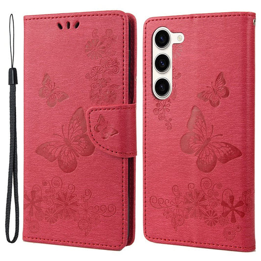 For Samsung Galaxy S23 Full Protection Phone Cover Flip Leather Phone Case Wallet Stand Butterflies Flower Imprinting Shell - Red