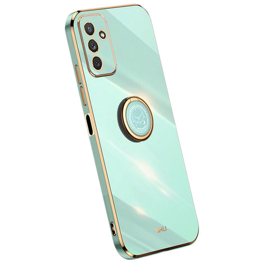 XINLI For Samsung Galaxy M23 5G / F23 5G Precise Lens Cutout Shockproof Phone Case with Ring Kickstand Electroplating Golden Edge Soft TPU Cover - Cyan