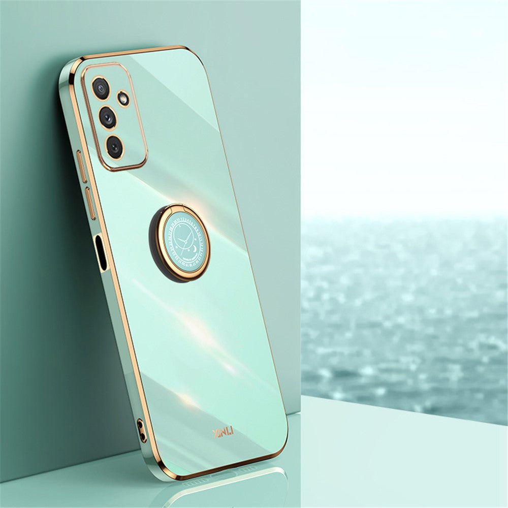 XINLI For Samsung Galaxy M23 5G / F23 5G Precise Lens Cutout Shockproof Phone Case with Ring Kickstand Electroplating Golden Edge Soft TPU Cover - Cyan