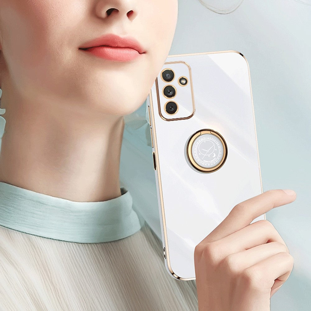 XINLI For Samsung Galaxy M23 5G / F23 5G Precise Lens Cutout Shockproof Phone Case with Ring Kickstand Electroplating Golden Edge Soft TPU Cover - Cyan