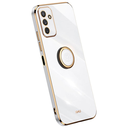 XINLI For Samsung Galaxy M23 5G / F23 5G Precise Lens Cutout Shockproof Phone Case with Ring Kickstand Electroplating Golden Edge Soft TPU Cover - White