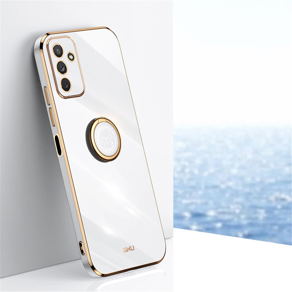 XINLI For Samsung Galaxy M23 5G / F23 5G Precise Lens Cutout Shockproof Phone Case with Ring Kickstand Electroplating Golden Edge Soft TPU Cover - White