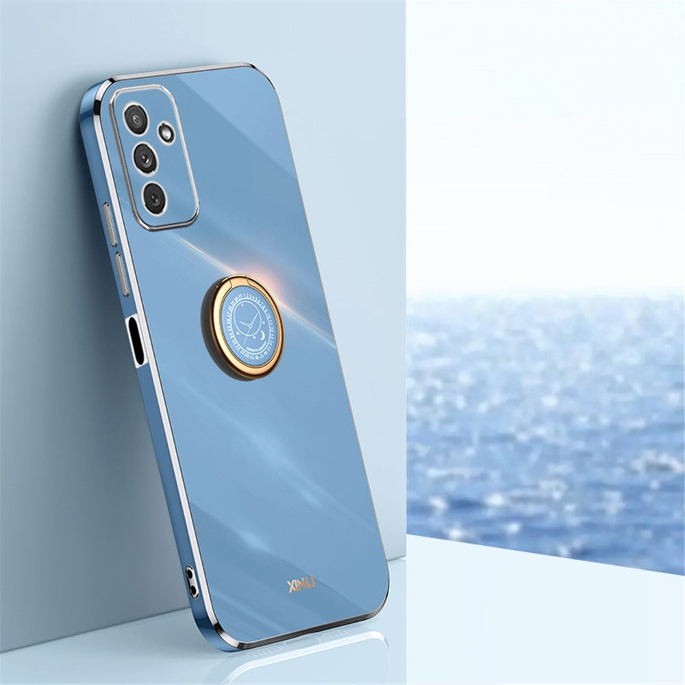 XINLI For Samsung Galaxy M23 5G / F23 5G Precise Lens Cutout Shockproof Phone Case with Ring Kickstand Electroplating Golden Edge Soft TPU Cover - Blue