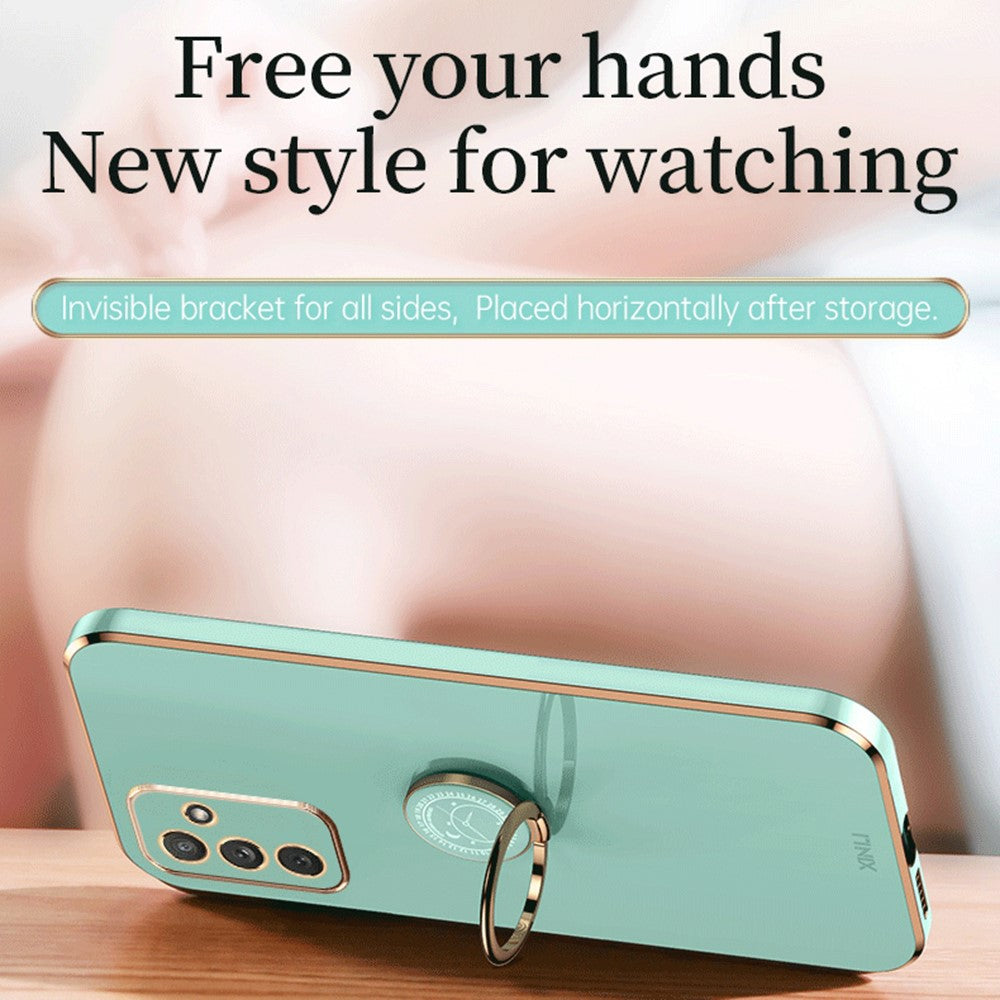 XINLI For Samsung Galaxy M23 5G / F23 5G Precise Lens Cutout Shockproof Phone Case with Ring Kickstand Electroplating Golden Edge Soft TPU Cover - Blue