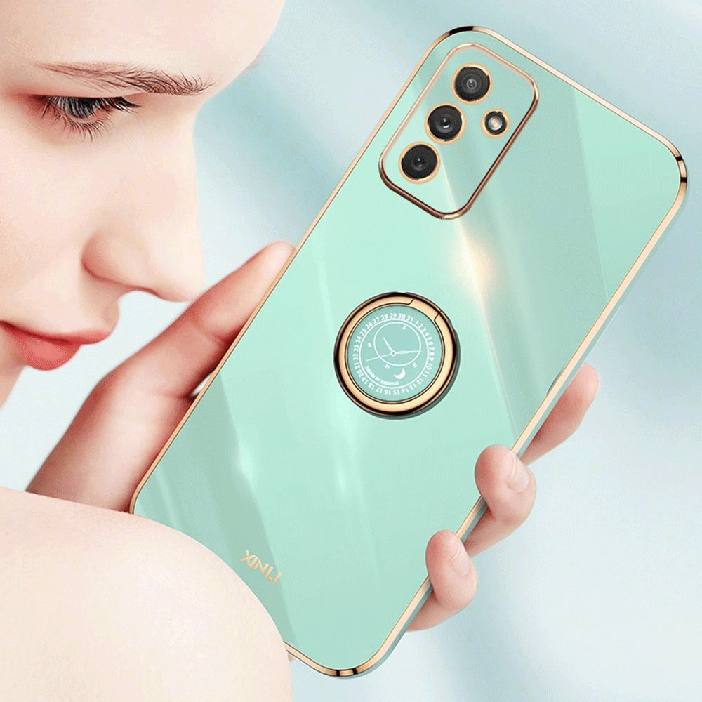 XINLI For Samsung Galaxy M23 5G / F23 5G Precise Lens Cutout Shockproof Phone Case with Ring Kickstand Electroplating Golden Edge Soft TPU Cover - Blue