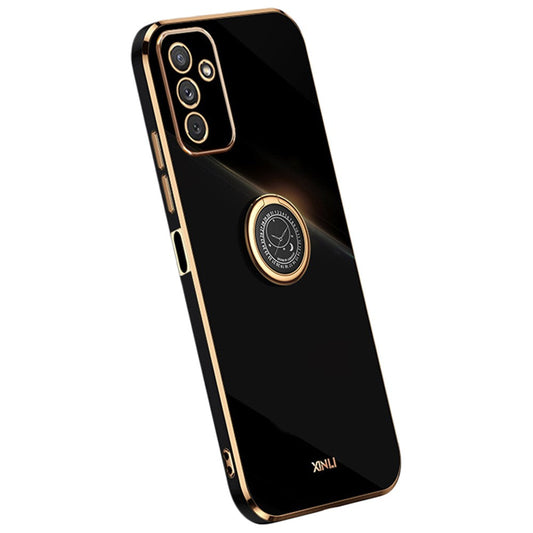 XINLI For Samsung Galaxy M23 5G / F23 5G Precise Lens Cutout Shockproof Phone Case with Ring Kickstand Electroplating Golden Edge Soft TPU Cover - Black