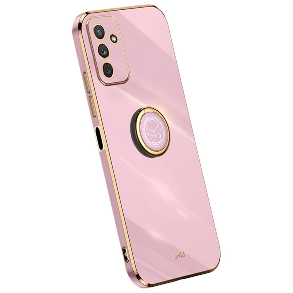 XINLI For Samsung Galaxy M23 5G / F23 5G Precise Lens Cutout Shockproof Phone Case with Ring Kickstand Electroplating Golden Edge Soft TPU Cover - Purple