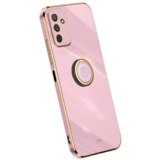 XINLI For Samsung Galaxy M23 5G / F23 5G Precise Lens Cutout Shockproof Phone Case with Ring Kickstand Electroplating Golden Edge Soft TPU Cover - Purple