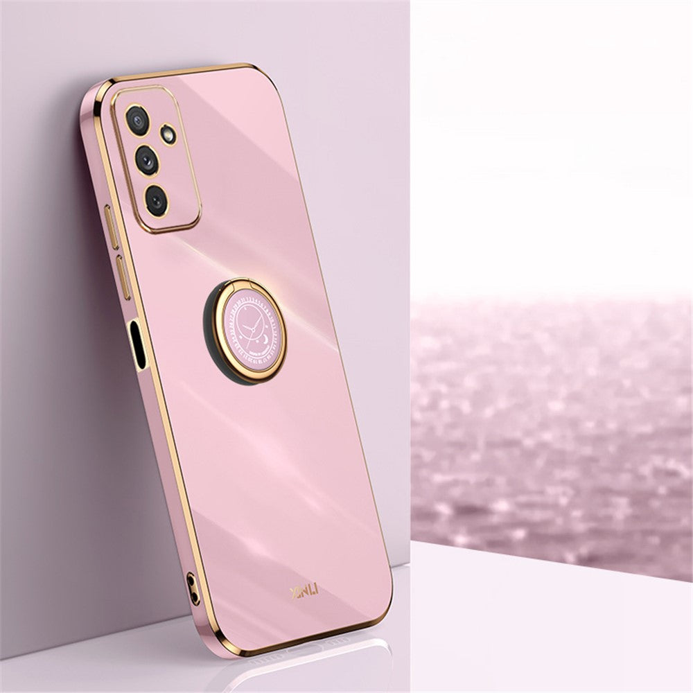 XINLI For Samsung Galaxy M23 5G / F23 5G Precise Lens Cutout Shockproof Phone Case with Ring Kickstand Electroplating Golden Edge Soft TPU Cover - Purple