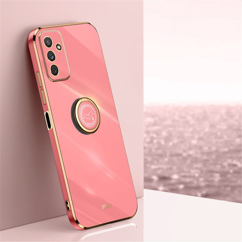 XINLI For Samsung Galaxy M23 5G / F23 5G Precise Lens Cutout Shockproof Phone Case with Ring Kickstand Electroplating Golden Edge Soft TPU Cover - Red