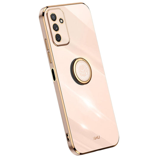 XINLI For Samsung Galaxy M23 5G / F23 5G Precise Lens Cutout Shockproof Phone Case with Ring Kickstand Electroplating Golden Edge Soft TPU Cover - Pink