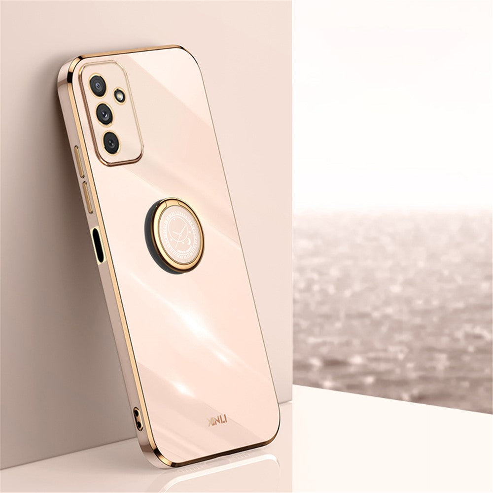 XINLI For Samsung Galaxy M23 5G / F23 5G Precise Lens Cutout Shockproof Phone Case with Ring Kickstand Electroplating Golden Edge Soft TPU Cover - Pink