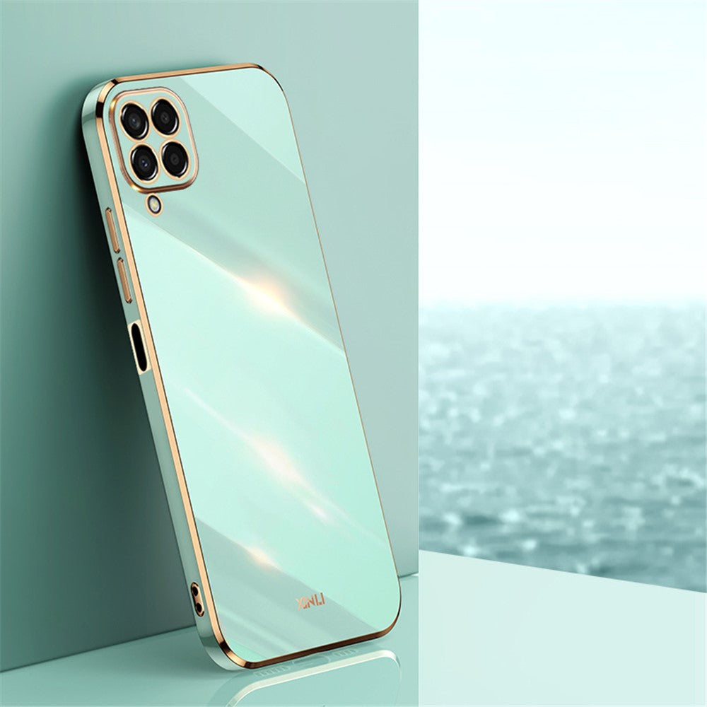 XINLI Phone Case for Samsung Galaxy M33 5G (Global Version), Electroplating Golden Edge Back Protector TPU Cover - Cyan