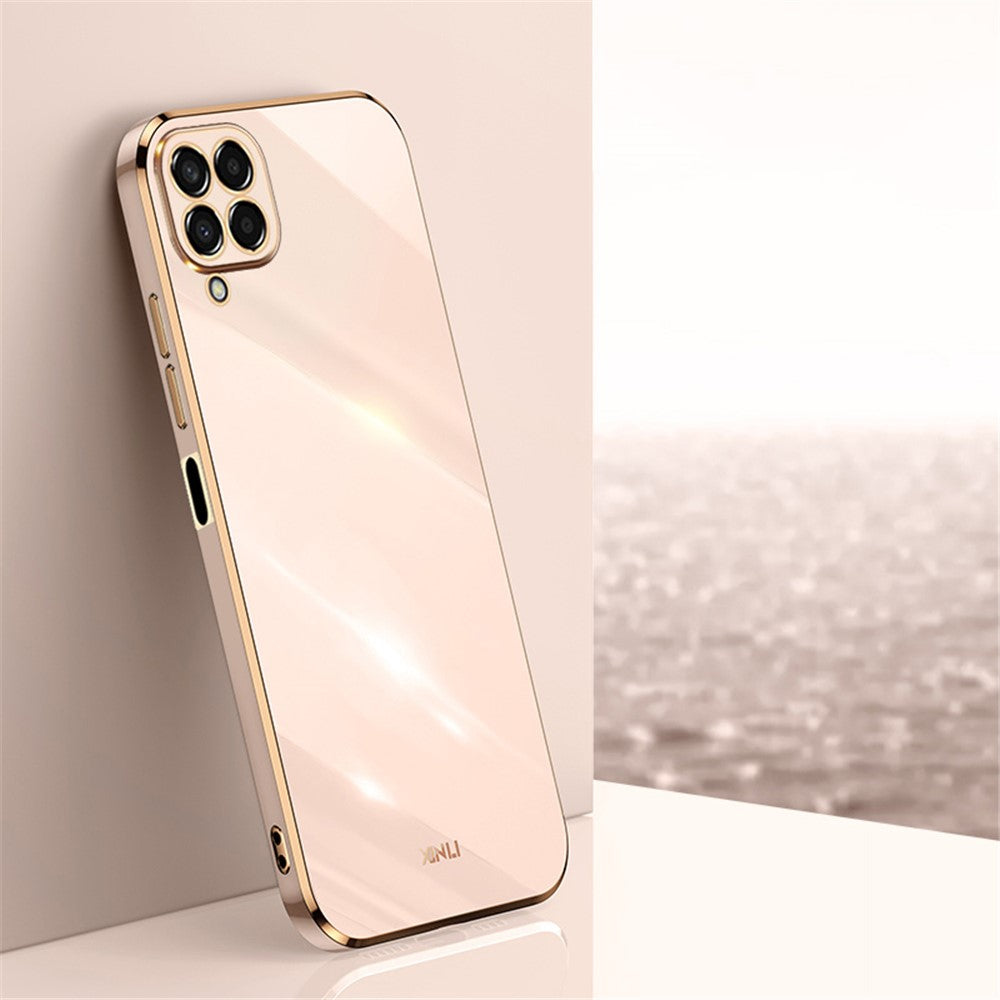 XINLI Phone Case for Samsung Galaxy M33 5G (Global Version), Electroplating Golden Edge Back Protector TPU Cover - Pink