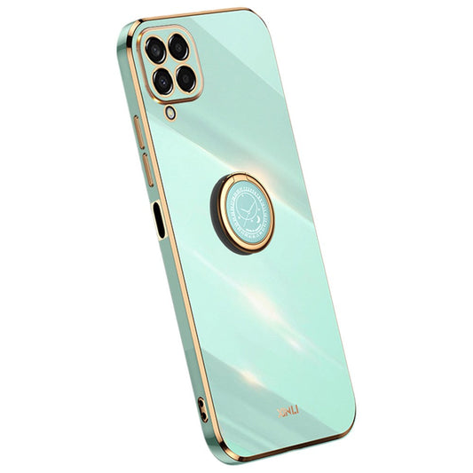 XINLI For Samsung Galaxy M33 5G (Global Version) Precise Lens Cutout Phone Case with Ring Kickstand Electroplating Golden Edge Bump Proof TPU Cover - Cyan