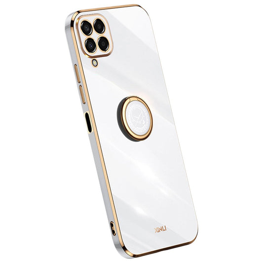 XINLI For Samsung Galaxy M33 5G (Global Version) Precise Lens Cutout Phone Case with Ring Kickstand Electroplating Golden Edge Bump Proof TPU Cover - White