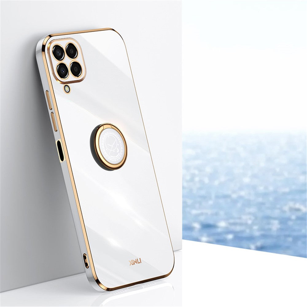 XINLI For Samsung Galaxy M33 5G (Global Version) Precise Lens Cutout Phone Case with Ring Kickstand Electroplating Golden Edge Bump Proof TPU Cover - White