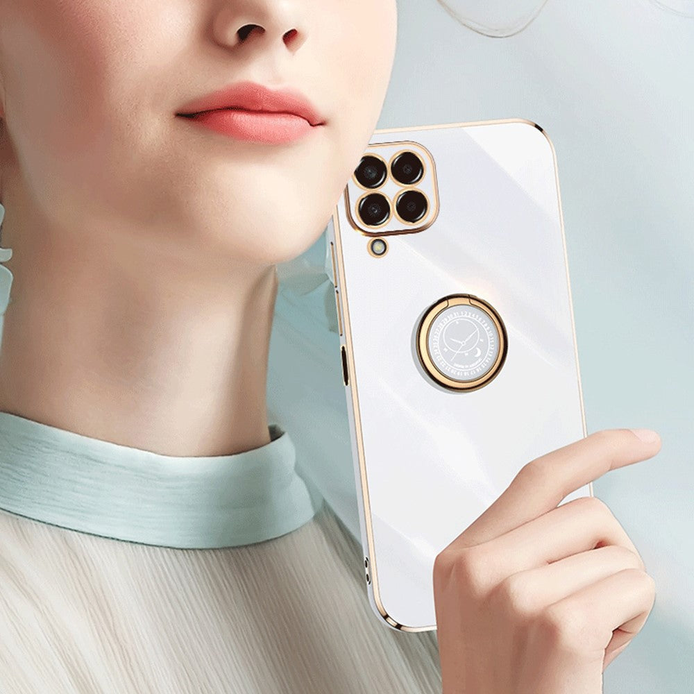 XINLI For Samsung Galaxy M33 5G (Global Version) Precise Lens Cutout Phone Case with Ring Kickstand Electroplating Golden Edge Bump Proof TPU Cover - White