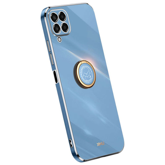 XINLI For Samsung Galaxy M33 5G (Global Version) Precise Lens Cutout Phone Case with Ring Kickstand Electroplating Golden Edge Bump Proof TPU Cover - Blue