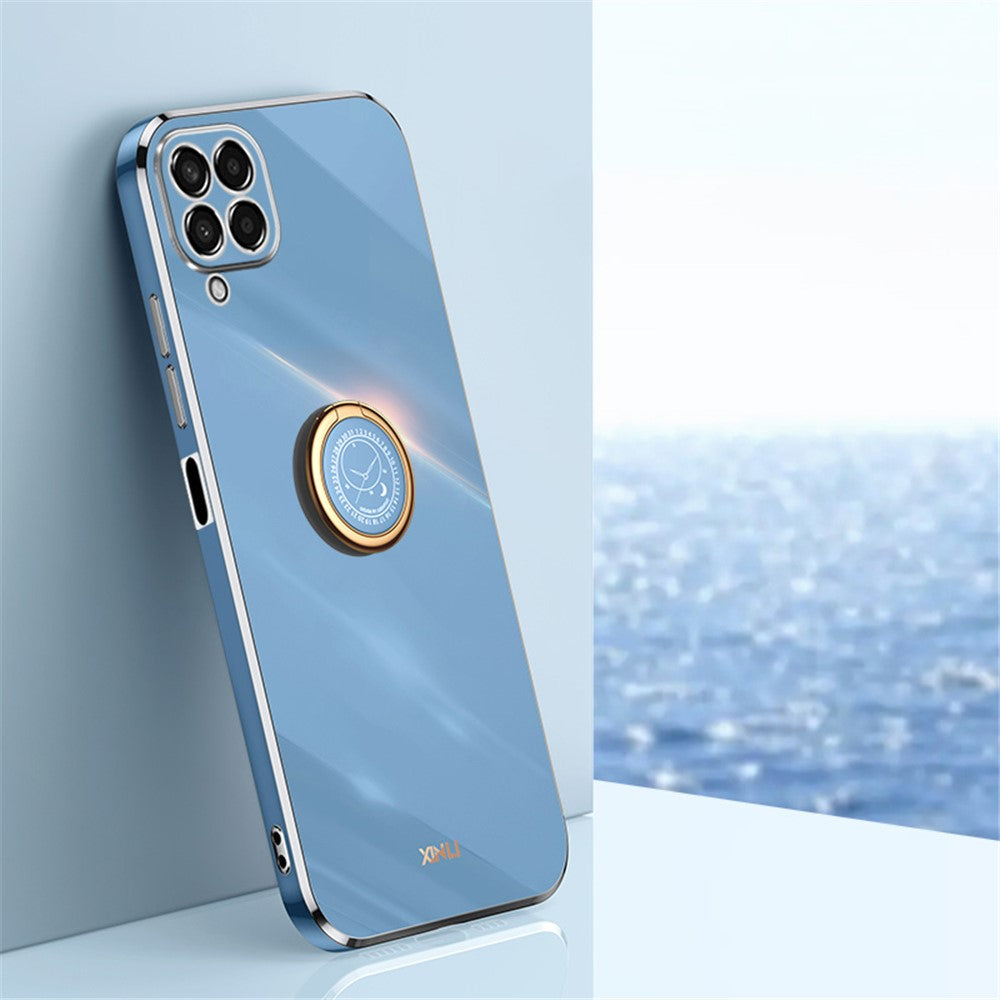 XINLI For Samsung Galaxy M33 5G (Global Version) Precise Lens Cutout Phone Case with Ring Kickstand Electroplating Golden Edge Bump Proof TPU Cover - Blue