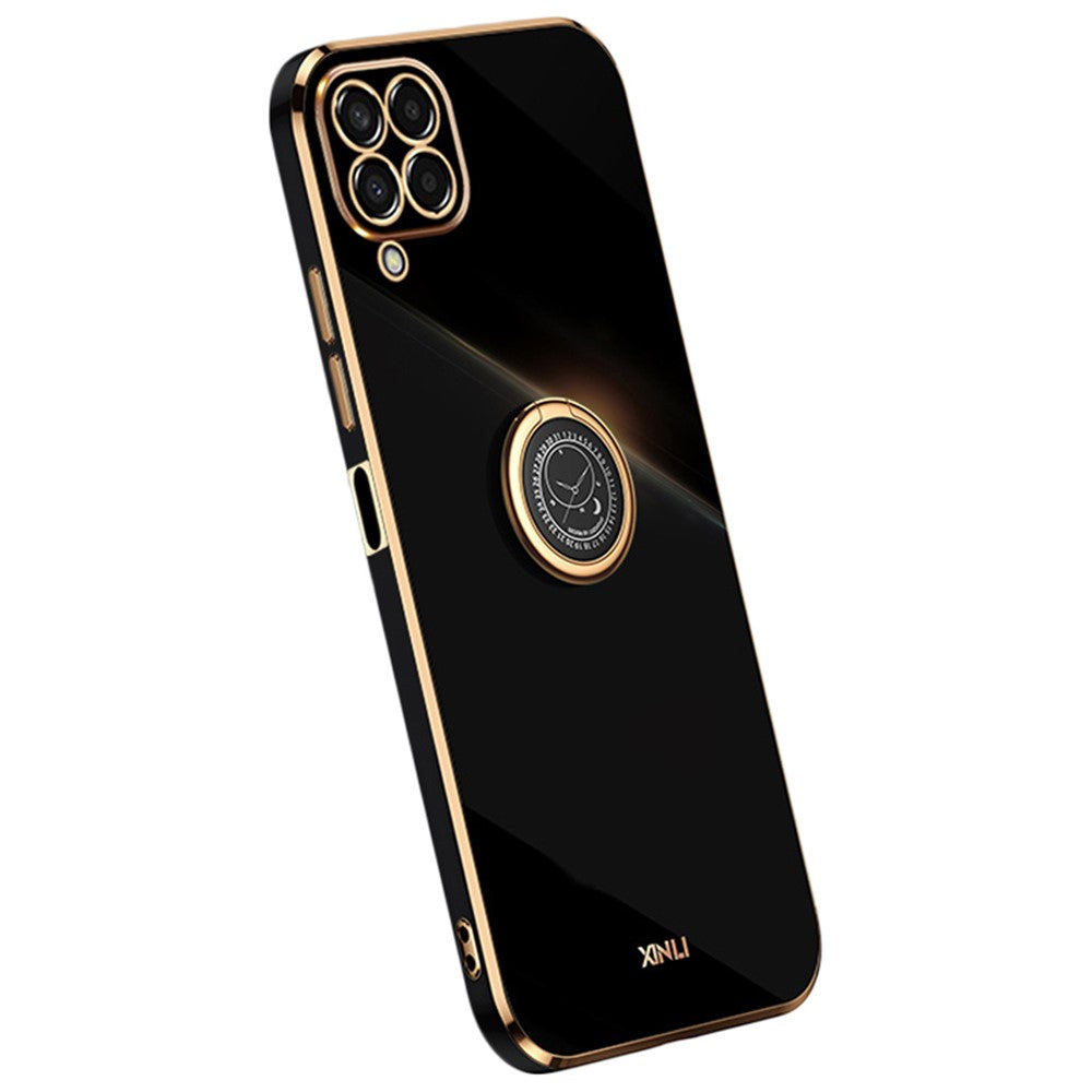 XINLI For Samsung Galaxy M33 5G (Global Version) Precise Lens Cutout Phone Case with Ring Kickstand Electroplating Golden Edge Bump Proof TPU Cover - Black