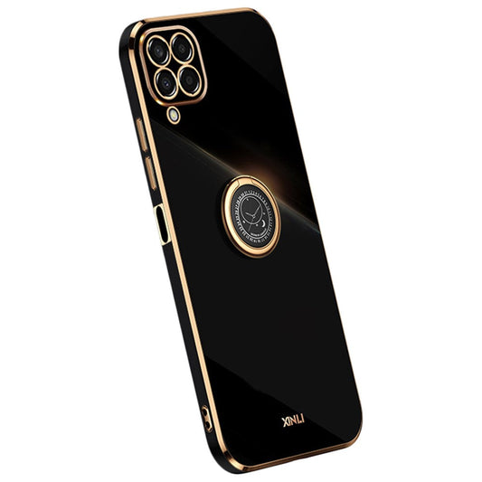 XINLI For Samsung Galaxy M33 5G (Global Version) Precise Lens Cutout Phone Case with Ring Kickstand Electroplating Golden Edge Bump Proof TPU Cover - Black