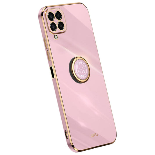 XINLI For Samsung Galaxy M33 5G (Global Version) Precise Lens Cutout Phone Case with Ring Kickstand Electroplating Golden Edge Bump Proof TPU Cover - Purple