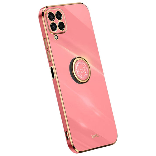 XINLI For Samsung Galaxy M33 5G (Global Version) Precise Lens Cutout Phone Case with Ring Kickstand Electroplating Golden Edge Bump Proof TPU Cover - Red