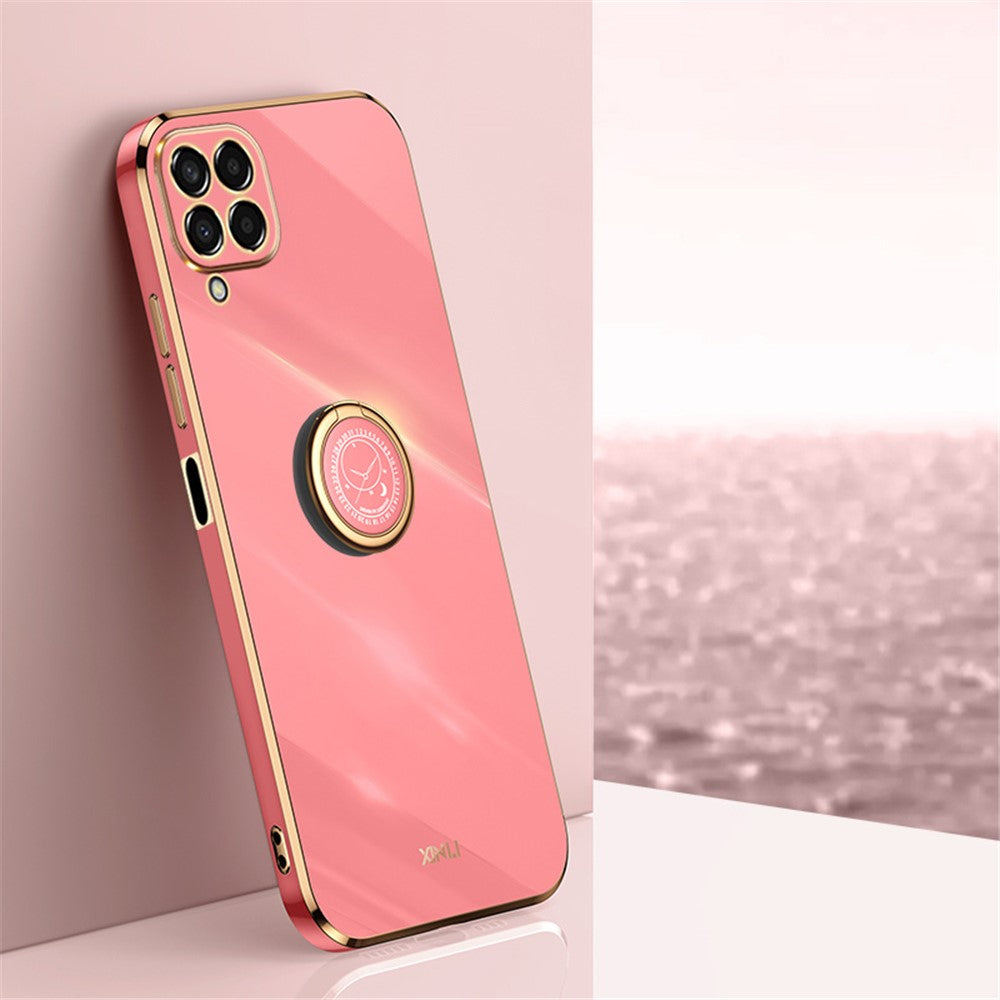 XINLI For Samsung Galaxy M33 5G (Global Version) Precise Lens Cutout Phone Case with Ring Kickstand Electroplating Golden Edge Bump Proof TPU Cover - Red