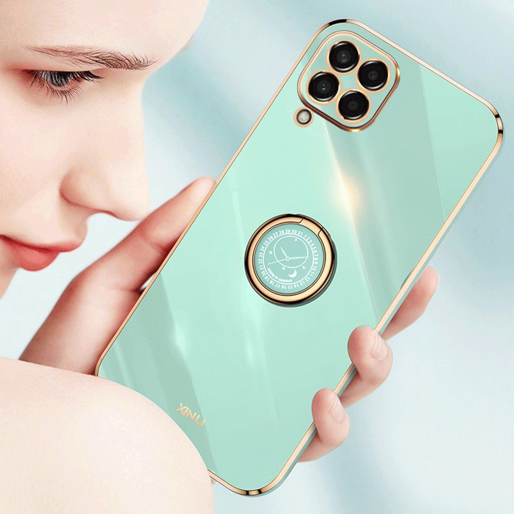 XINLI For Samsung Galaxy M33 5G (Global Version) Precise Lens Cutout Phone Case with Ring Kickstand Electroplating Golden Edge Bump Proof TPU Cover - Red